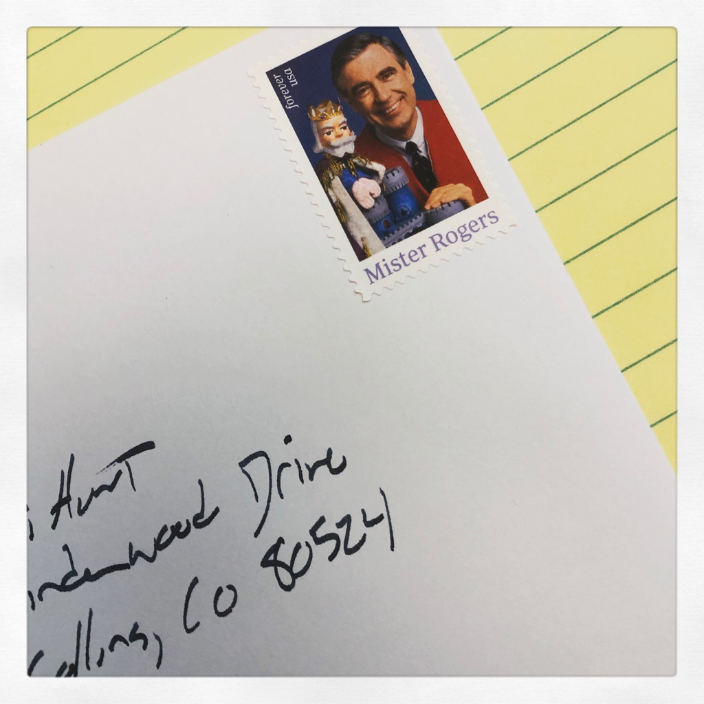 stamped letter with a Mr rogers stamp